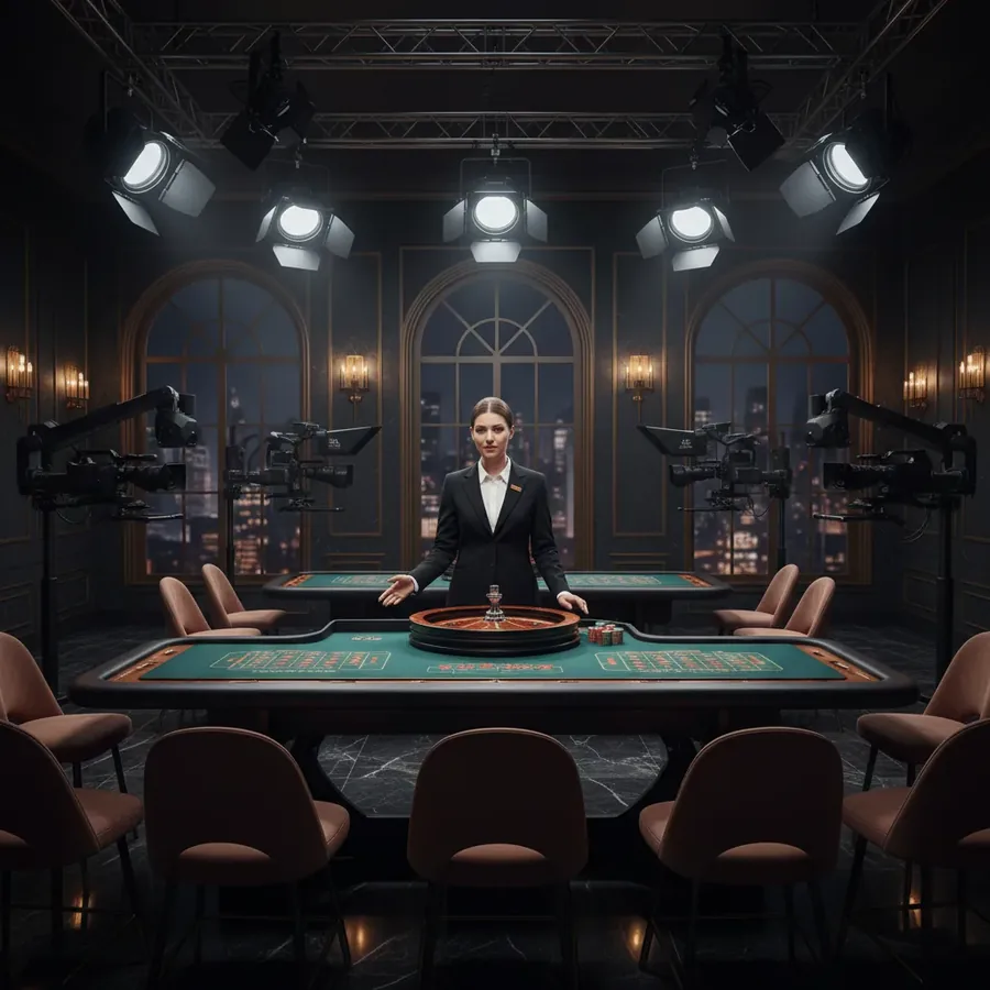 Croupier at a roulette table between studio cameras