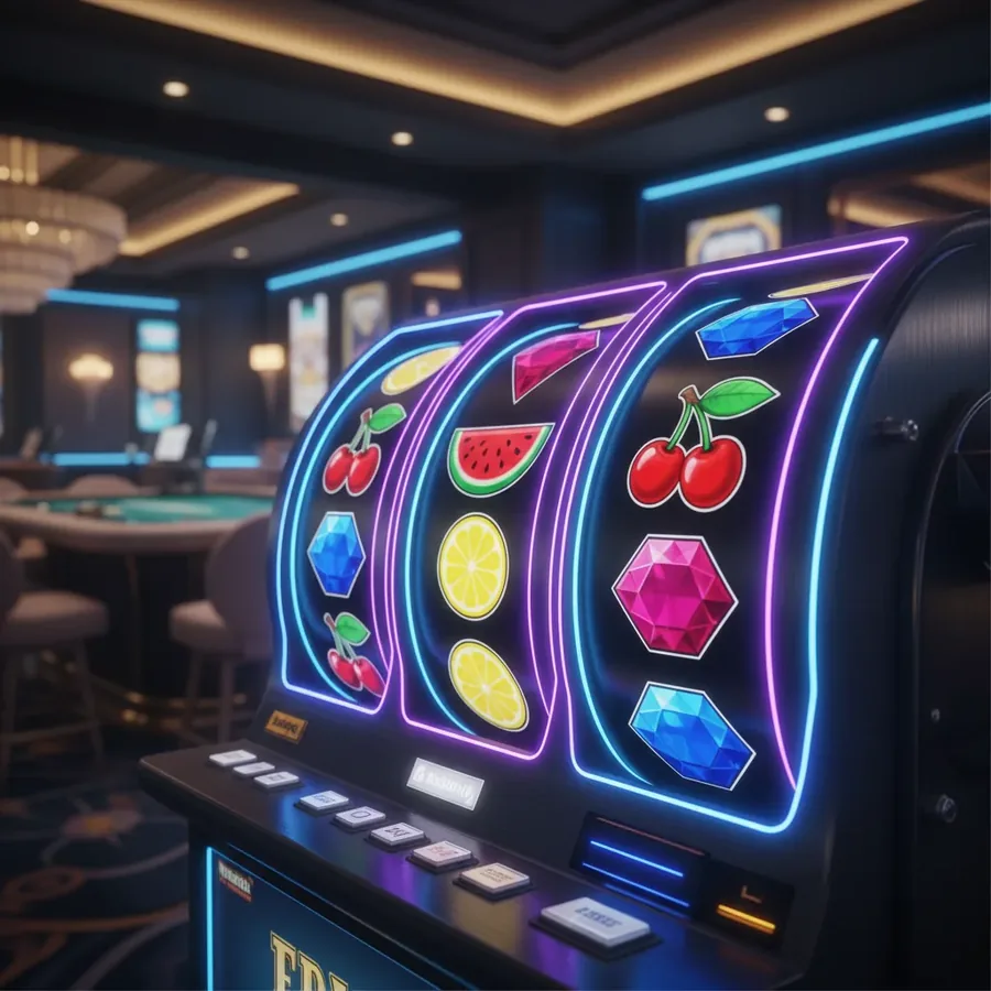 Slot machine with neon reels and fruit and gem symbols
